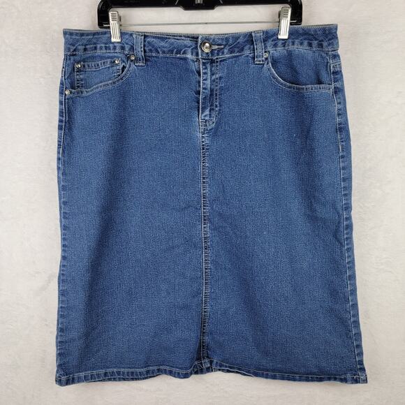 Western Denim Jean Skirt 16 Stretch Knee Length Bling Back Pockets Y2K Casual - Picture 1 of 9